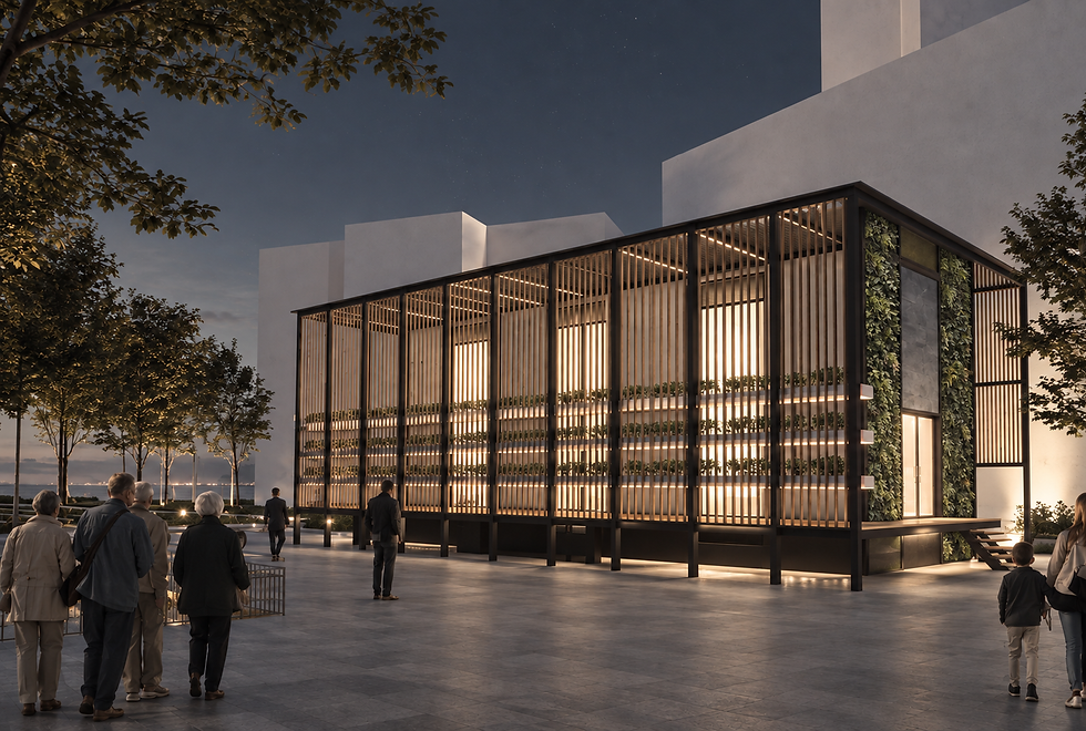 SUBSTATION contemporary building exterior with illuminated glass facade at dusk