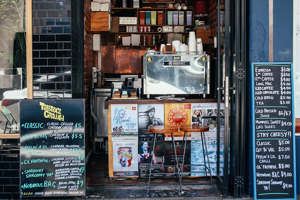 Street Menu for an urban cafe, listing tasty coffee drinks and delicious breakfast items