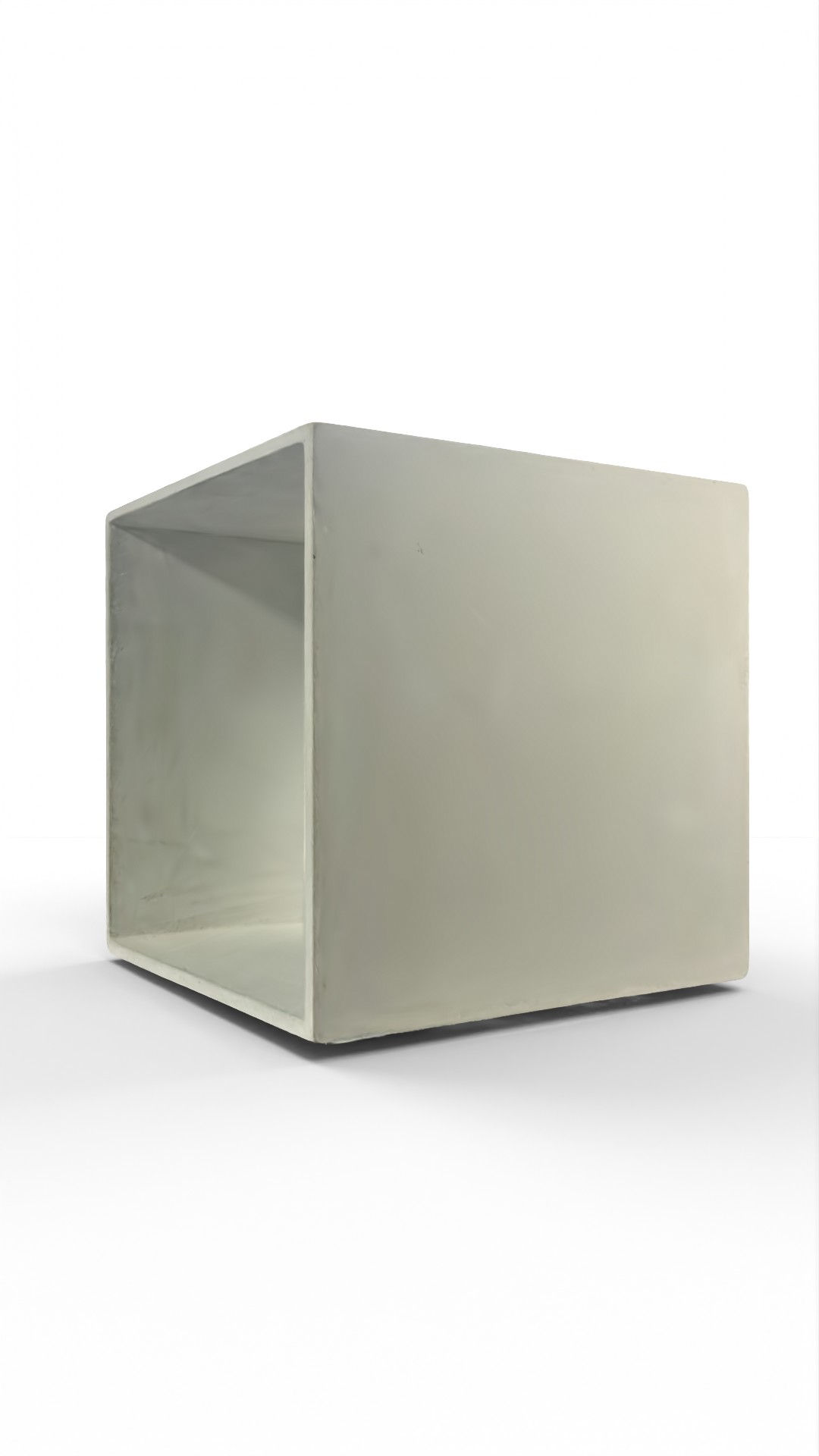 Minimalist modular concrete cube with half-inch walls and sealed texture