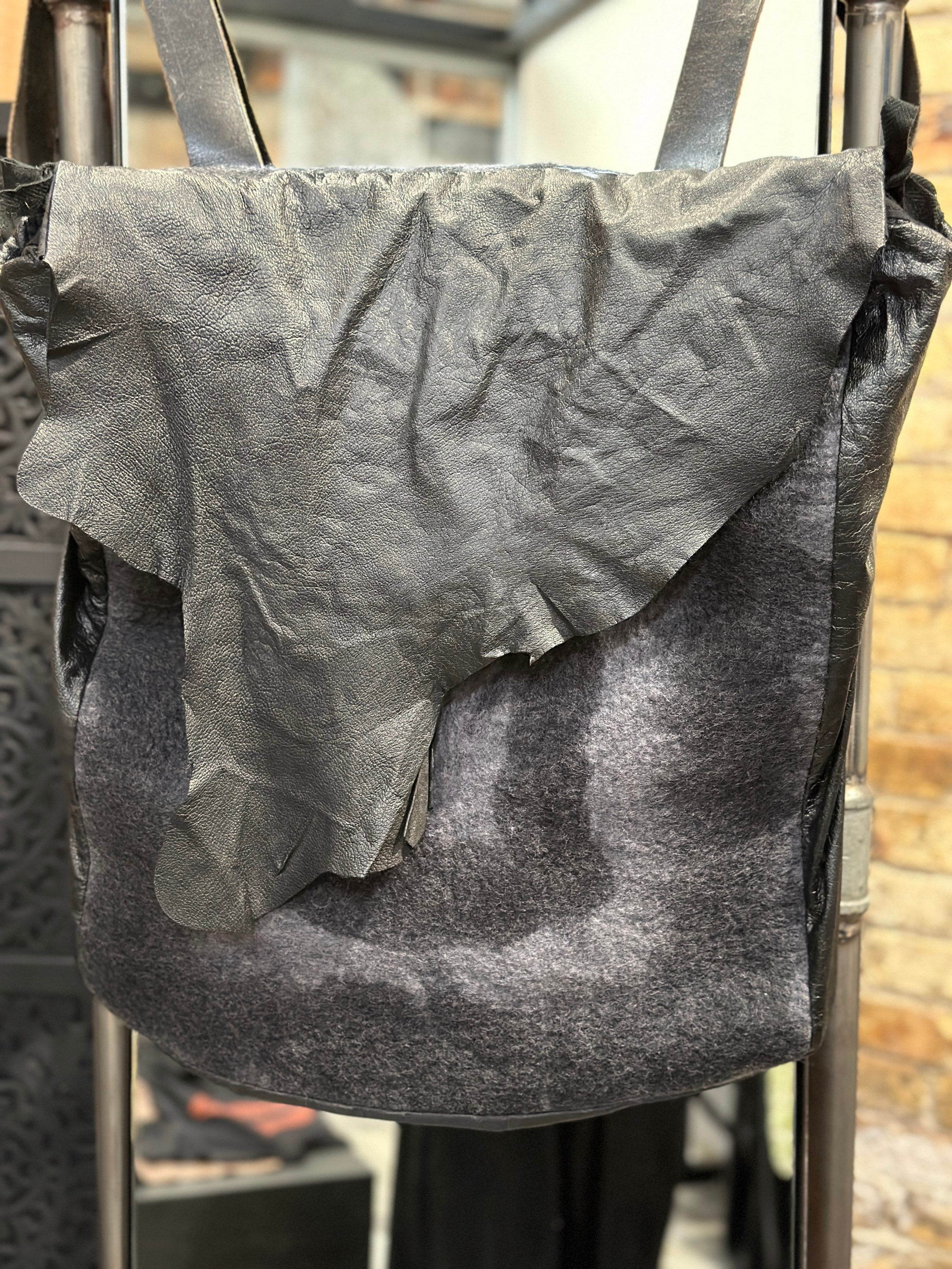 Front of Hand Felted BAC PAC with Leather flap down