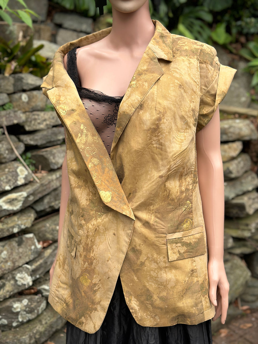Thumbnail: Front of Om Shirt Jacket close up showing the hand-dyed and printed fabric