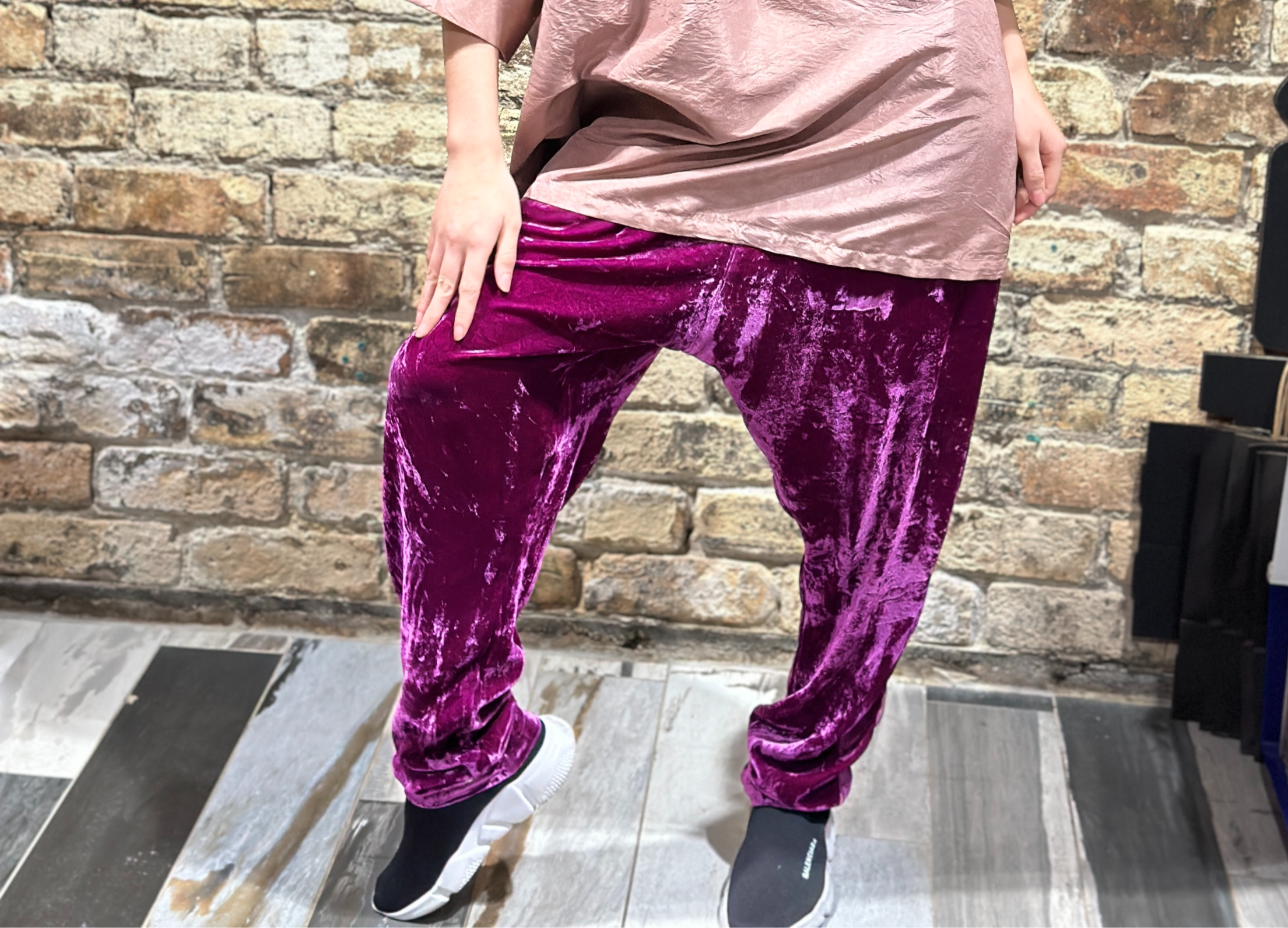 Front of Grape Silk Chill Pant worn with Grape Poet Top