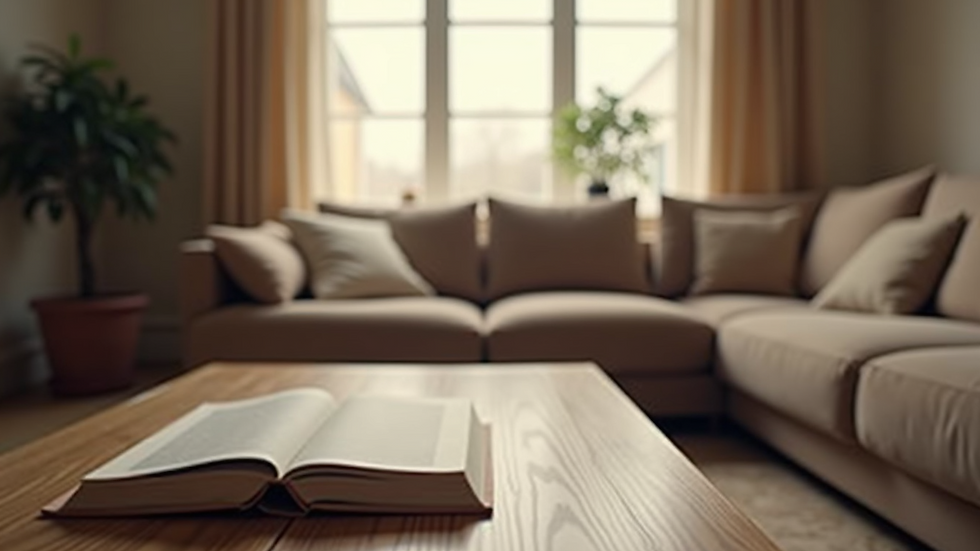 Eye-level view of a cozy living room with a parenting book on the coffee table