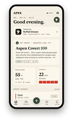 The Field screen: tonight's top covert near Houghton Lake, scored 100, with the reason, the distance and the conditions