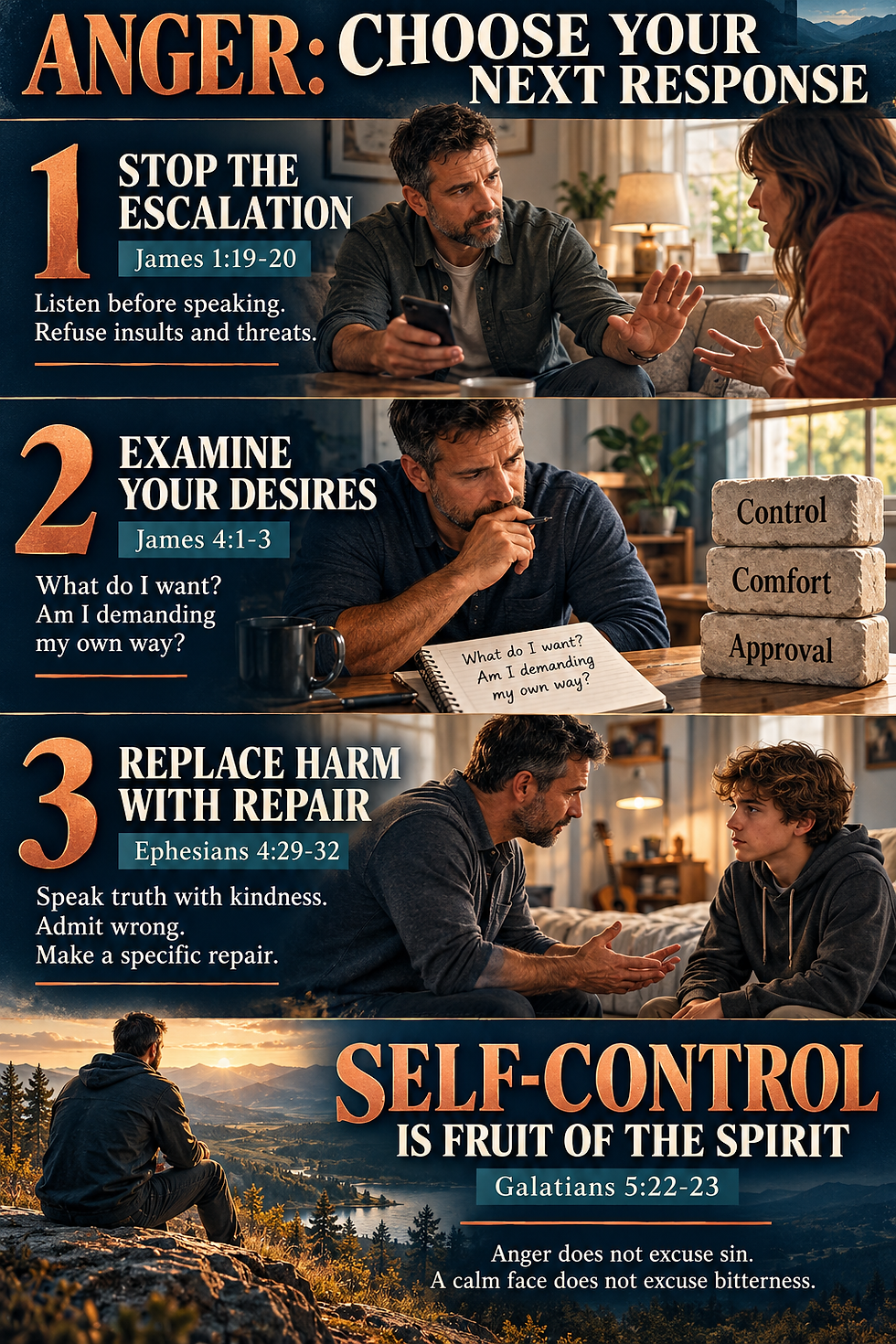 Educational anger infographic showing three biblical responses: stop escalation, examine desires, and replace harm with repair, with Scripture references.