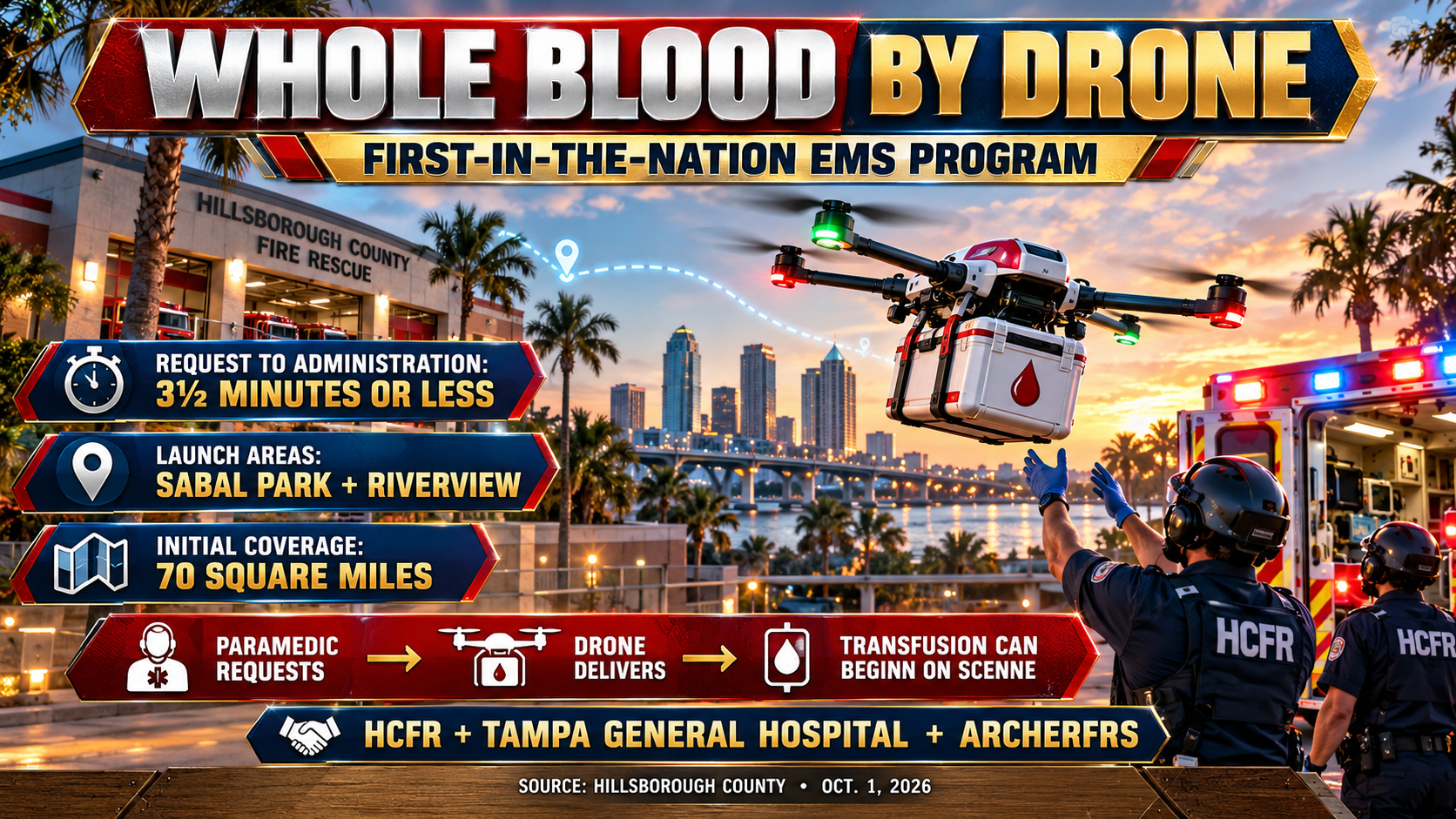 Hillsborough County Fire Rescue drone, whole blood delivery Tampa, EMS drone program, Tampa General Hospital, emergency medical innovation