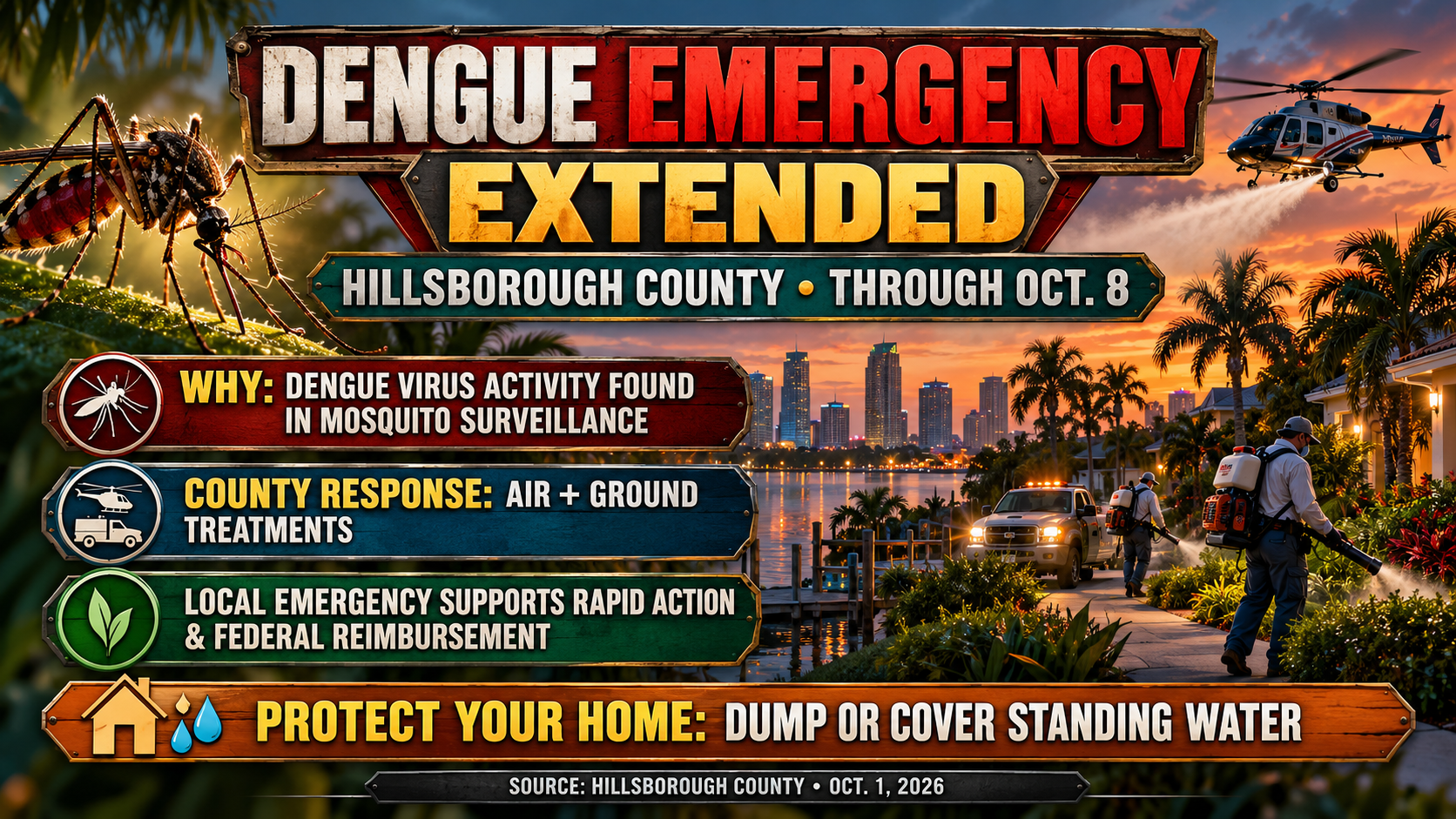 Hillsborough County dengue emergency, Tampa mosquito control, dengue fever Tampa, mosquito treatments Hillsborough, standing water prevention