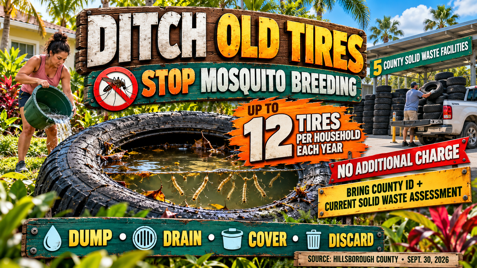 Hillsborough County tire disposal, Tampa mosquito breeding, old tire recycling Tampa, standing water prevention, dengue mosquito control, County solid waste facilities