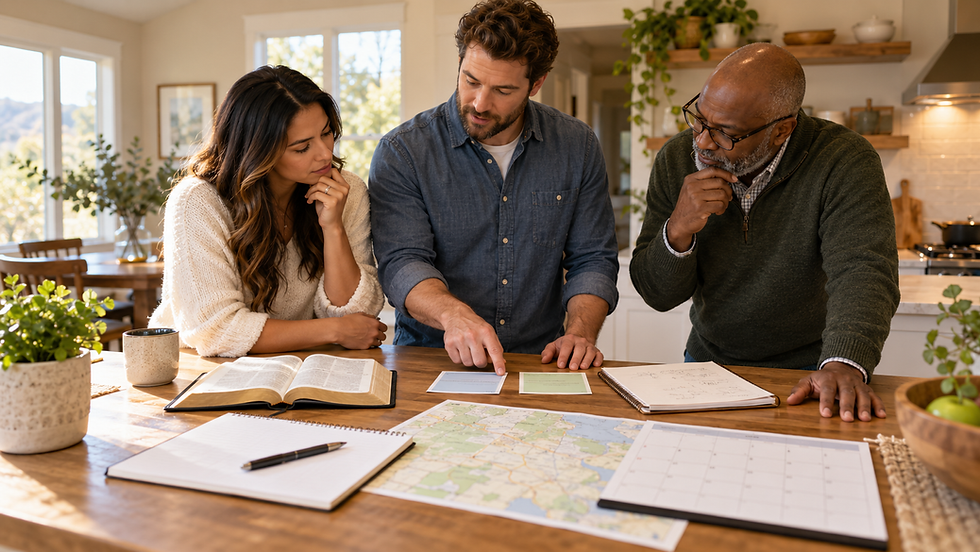Christian husband and wife reviewing a decision with a mature mentor around a Bible, map, calendar, and budget
