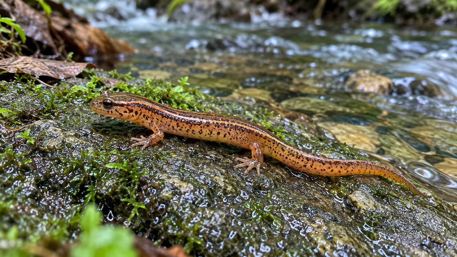 Southern Two-Lined Salamander with twin dark stripes on a mossy rock beside a clear stream
