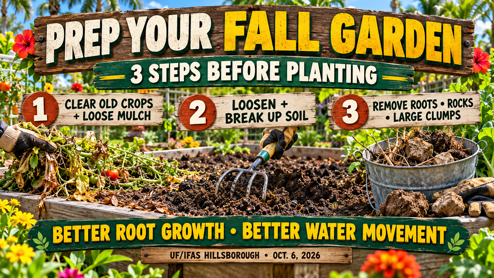 Florida fall vegetable garden, Tampa gardening, vegetable bed preparation, UF/IFAS Hillsborough, soil preparation, raised garden bed, fall planting Florida