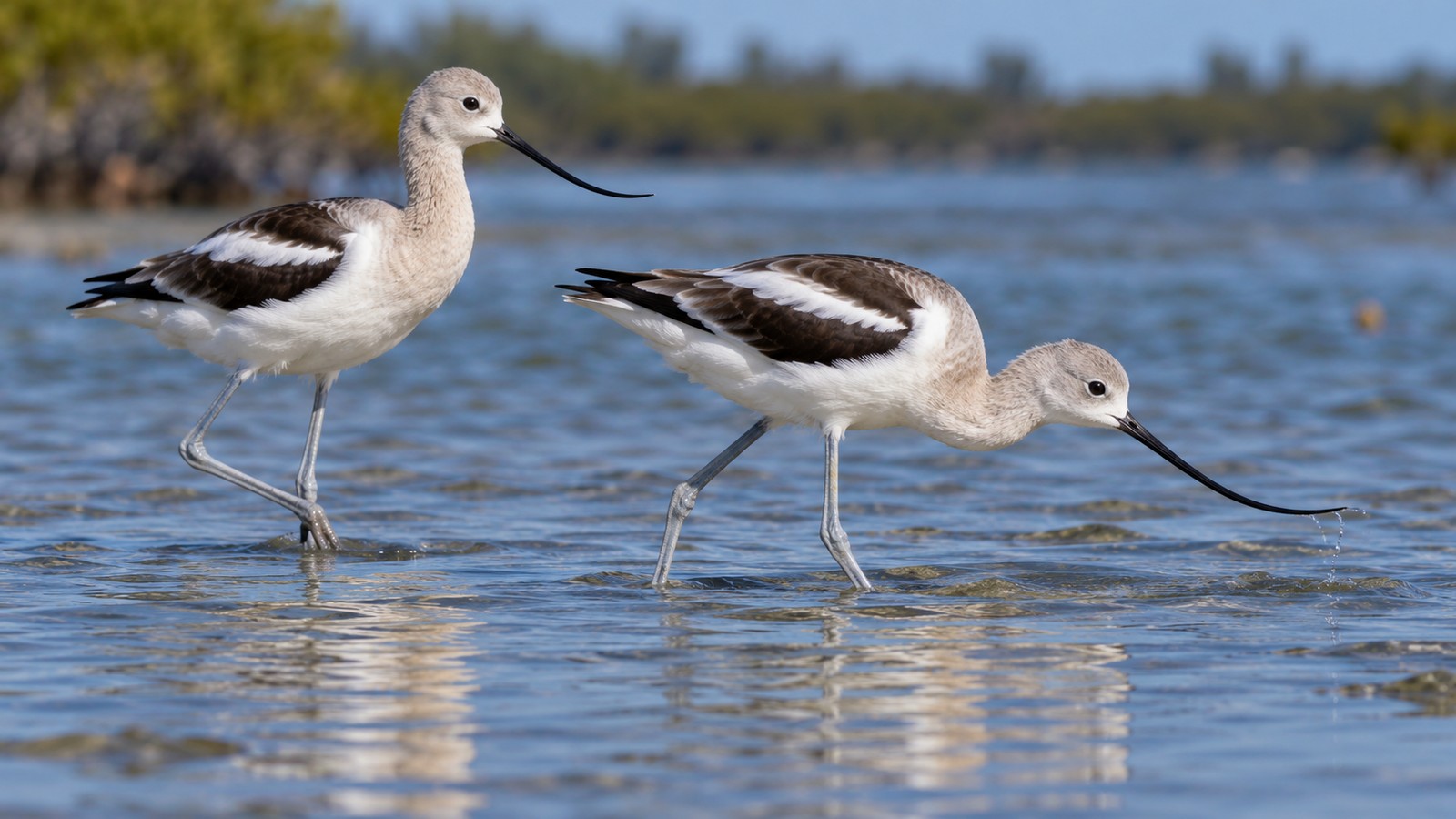 Two American Avocets wading through a Florida tidal lagoon in pale winter plumage