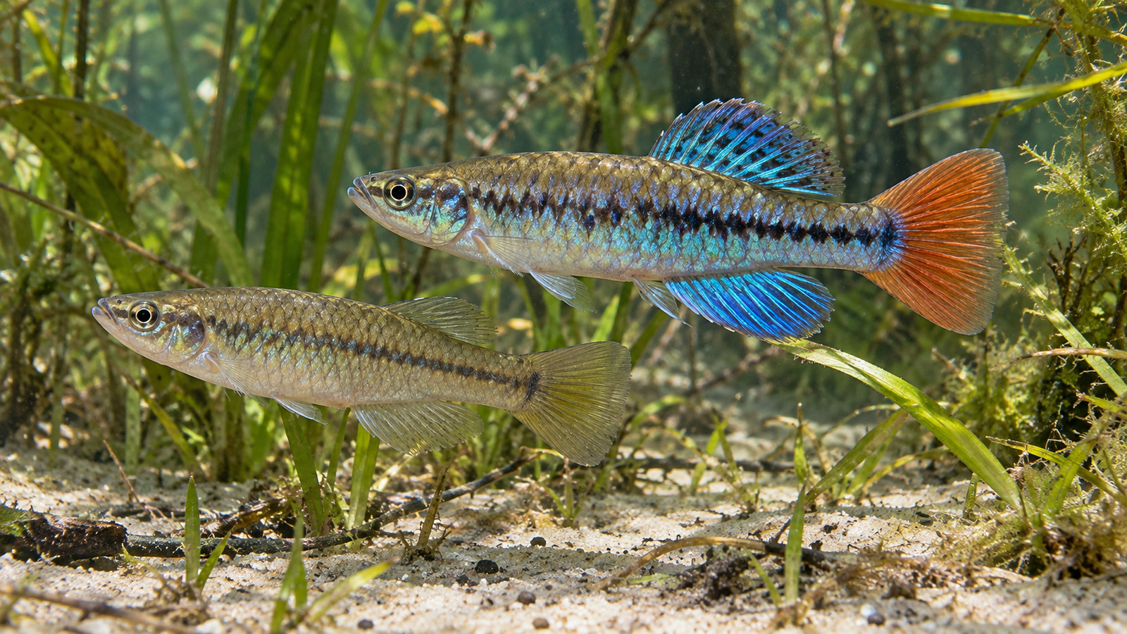 Male and female Bluefin Killifish swimming above sand and aquatic plants in a Florida pond
