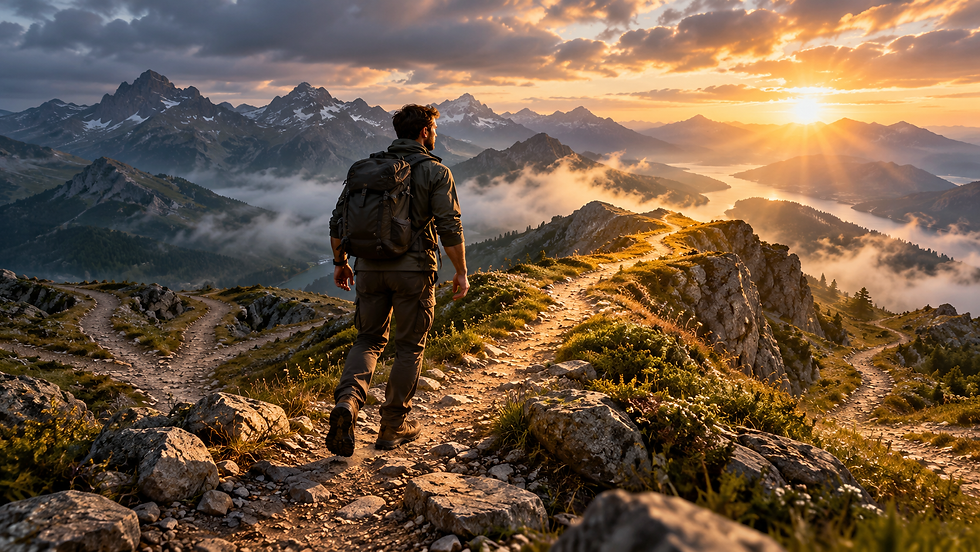 Christian man steps onto one clear mountain path at sunrise while other trails branch away, illustrating Jesus as the way to God.