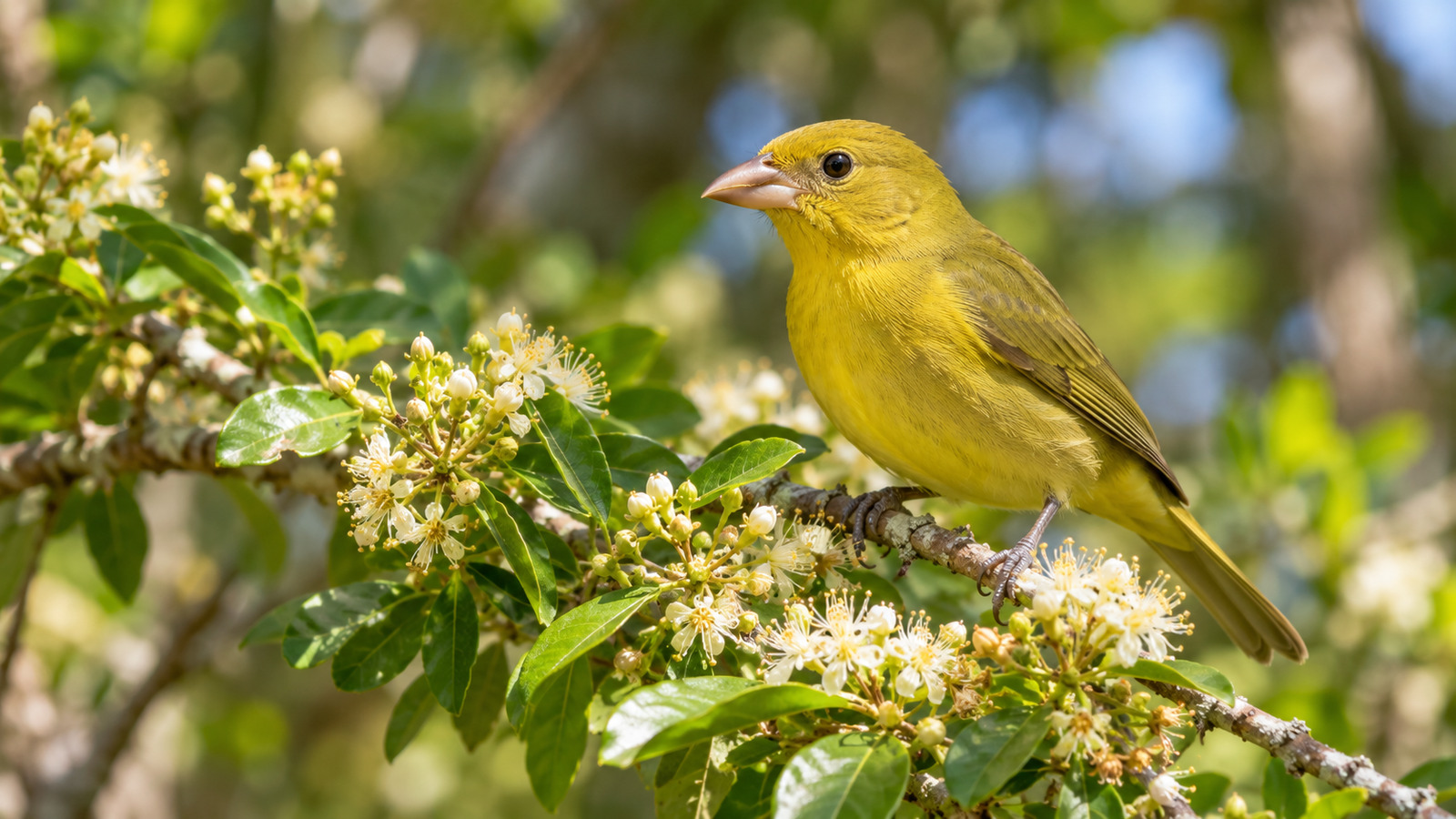 Adult female Summer Tanager foraging on a flowering woodland branch