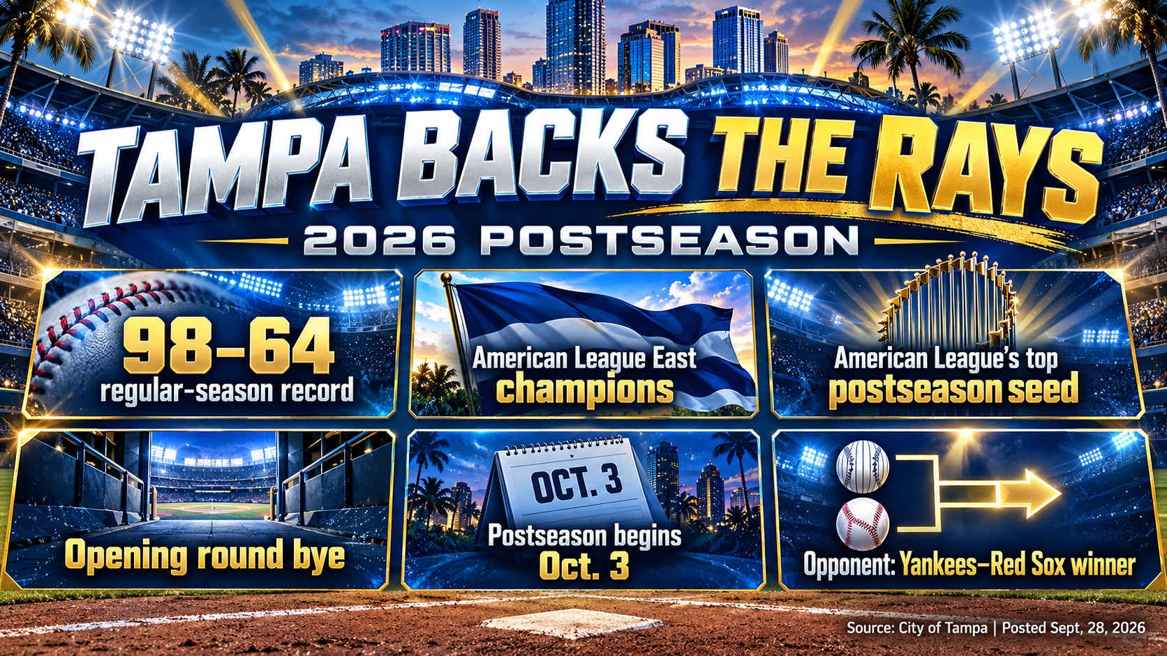 Tampa Bay Rays 2026 postseason, Rays AL East champions, Tampa Rays rally, Tampa baseball news, Rays 98-64 record, Rays October 3 postseason