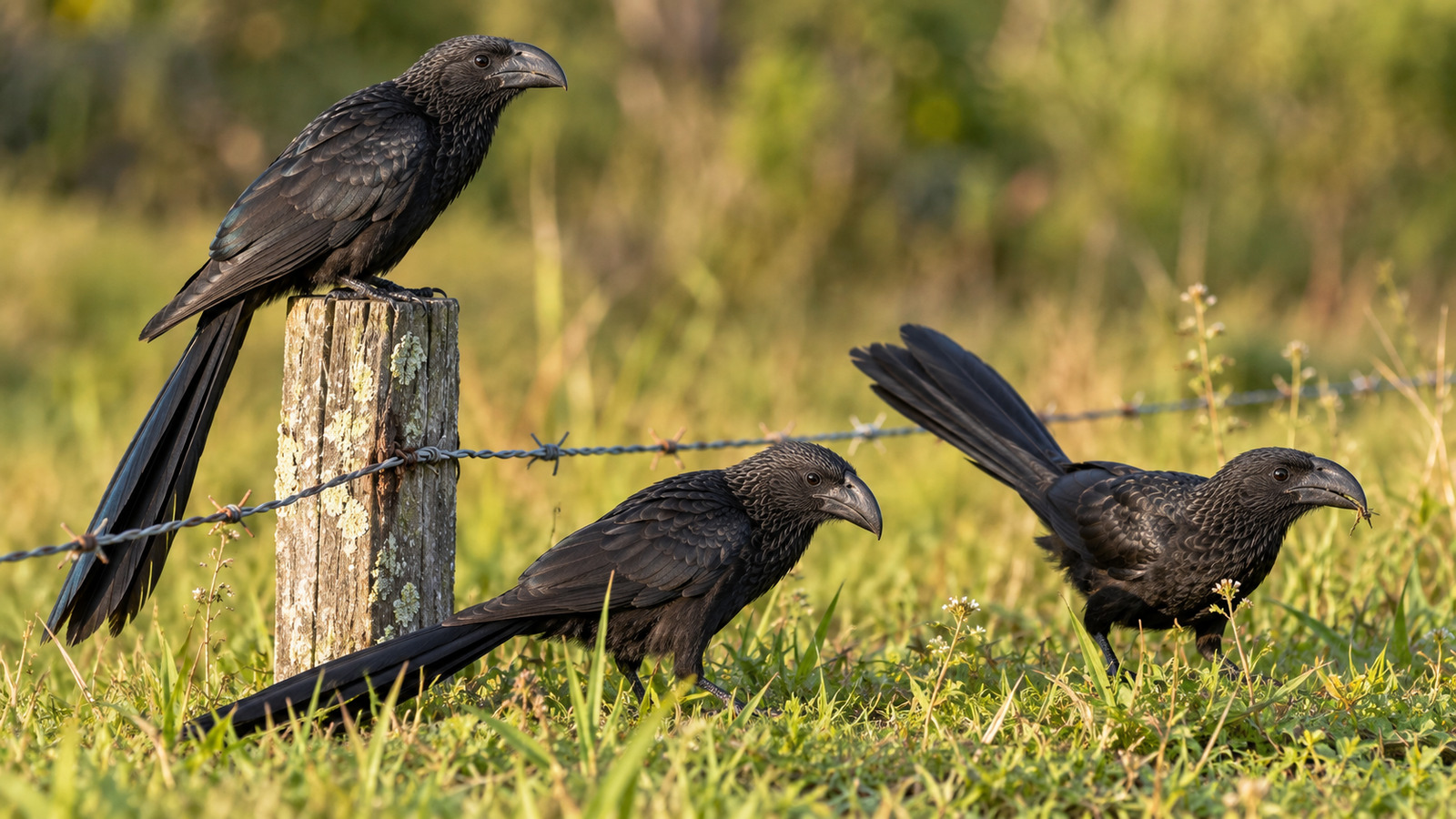 Three Smooth-Billed Anis foraging together along a grassy South Florida pasture edge
