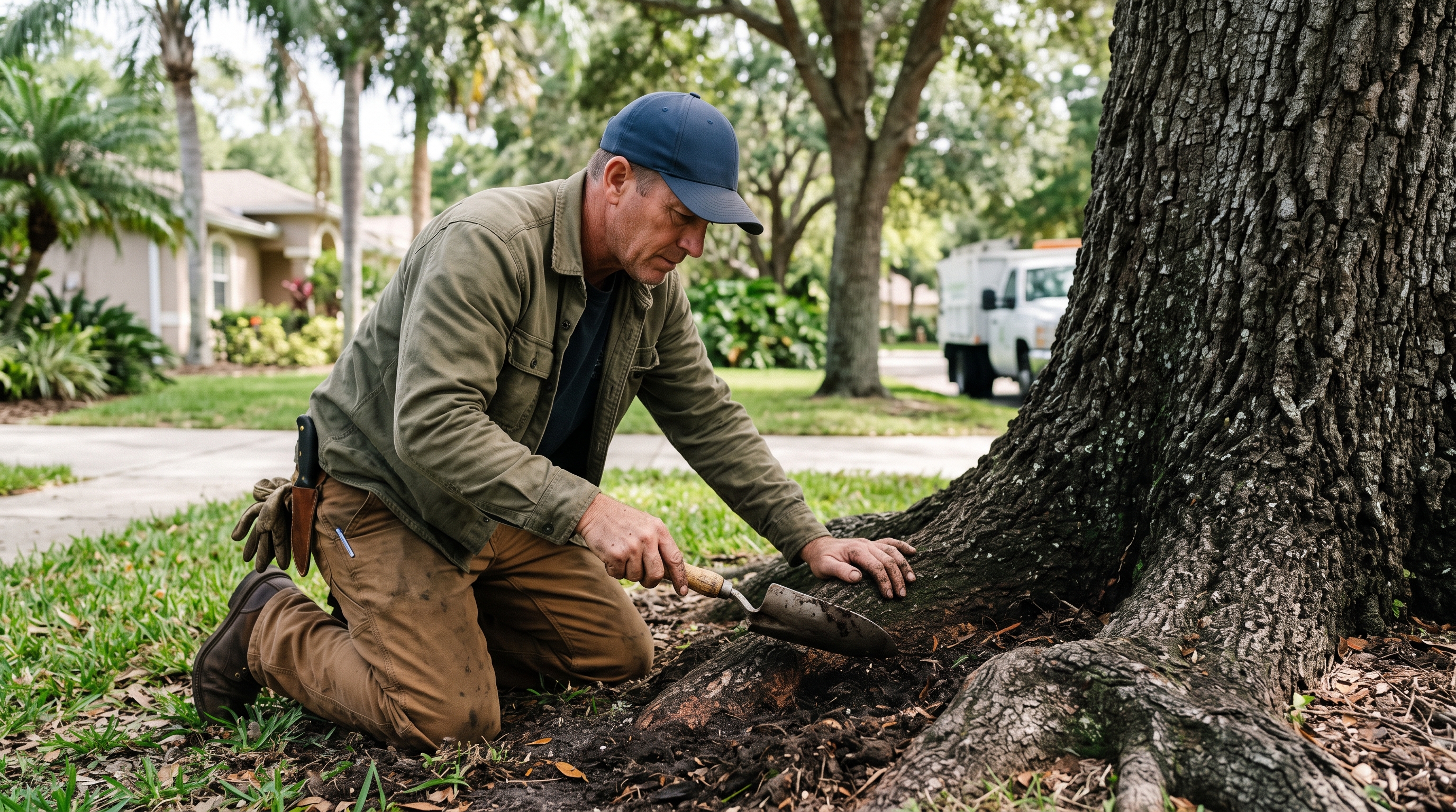 South Tampa tree decline, Hillsborough tree diagnosis, Tampa oak tree health, tree root stress Florida, UF IFAS tree care