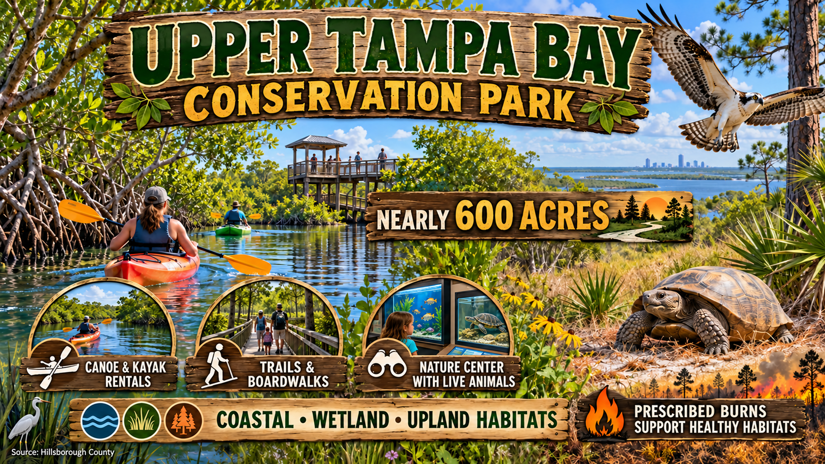 Upper Tampa Bay Conservation Park, Tampa nature trails, mangrove habitats, canoe rentals, kayak rentals, native wildlife, conservation