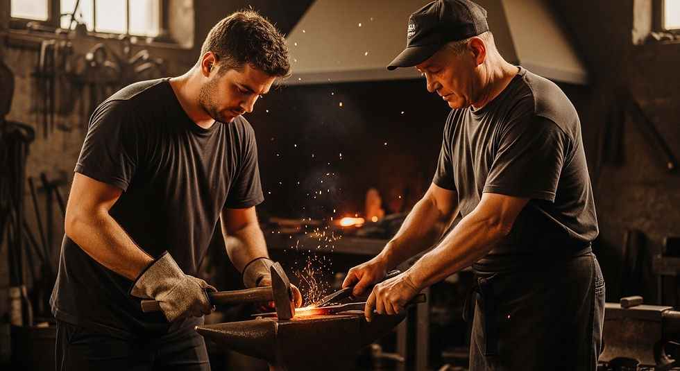 Two blacksmiths in a dim workshop hammer a glowing metal piece on an anvil, sparks flying. Both wear black shirts, focused and intense.