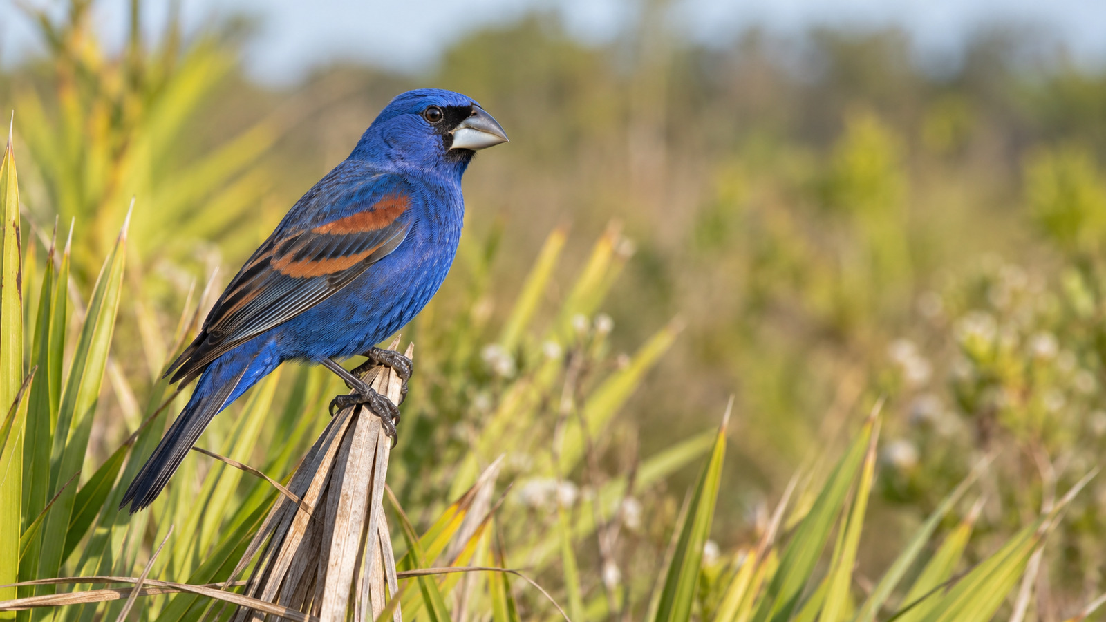 Adult male Blue Grosbeak perched in a sunny Florida old field