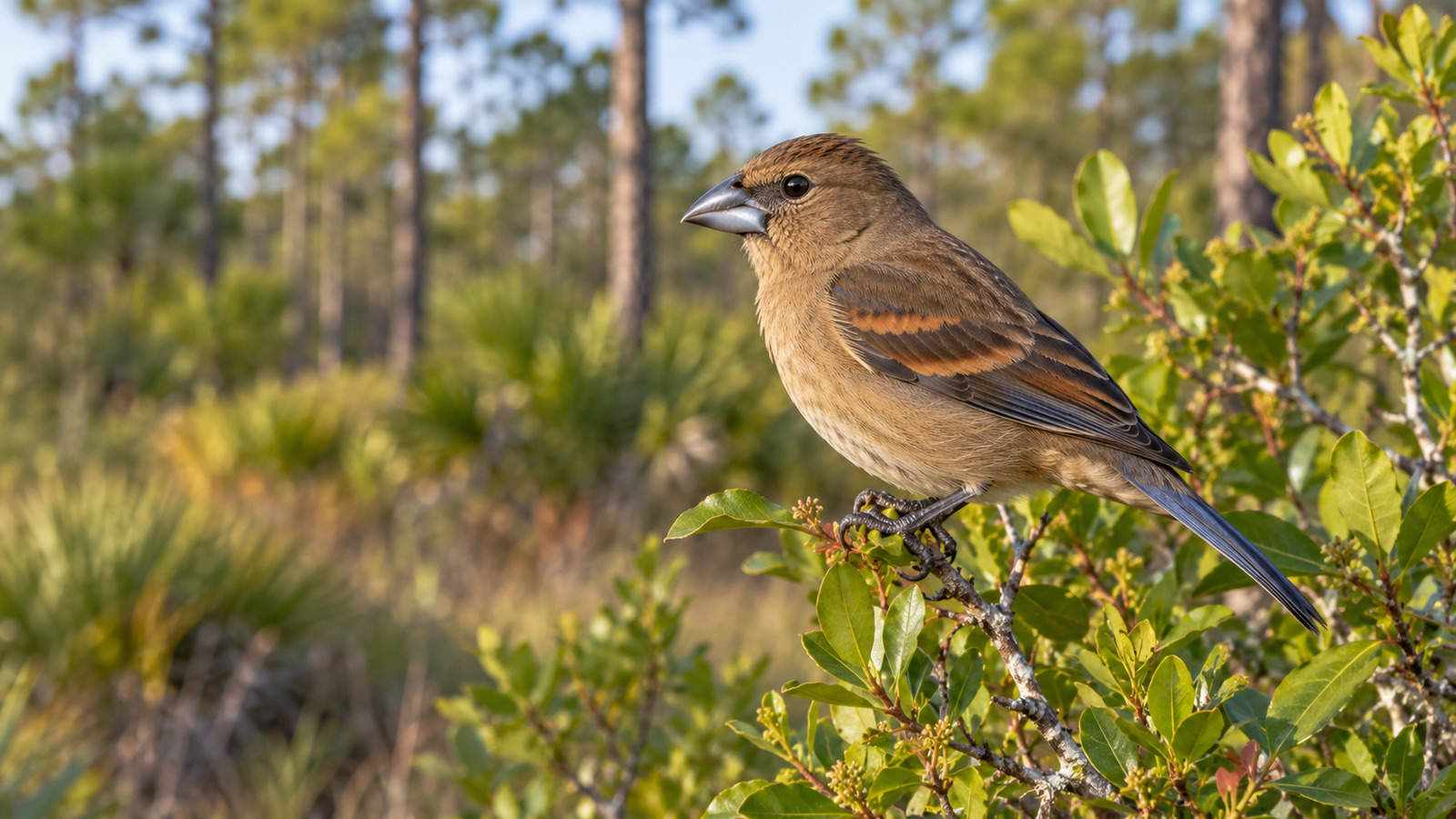 Adult female Blue Grosbeak perched in a Florida pine flatwoods clearing