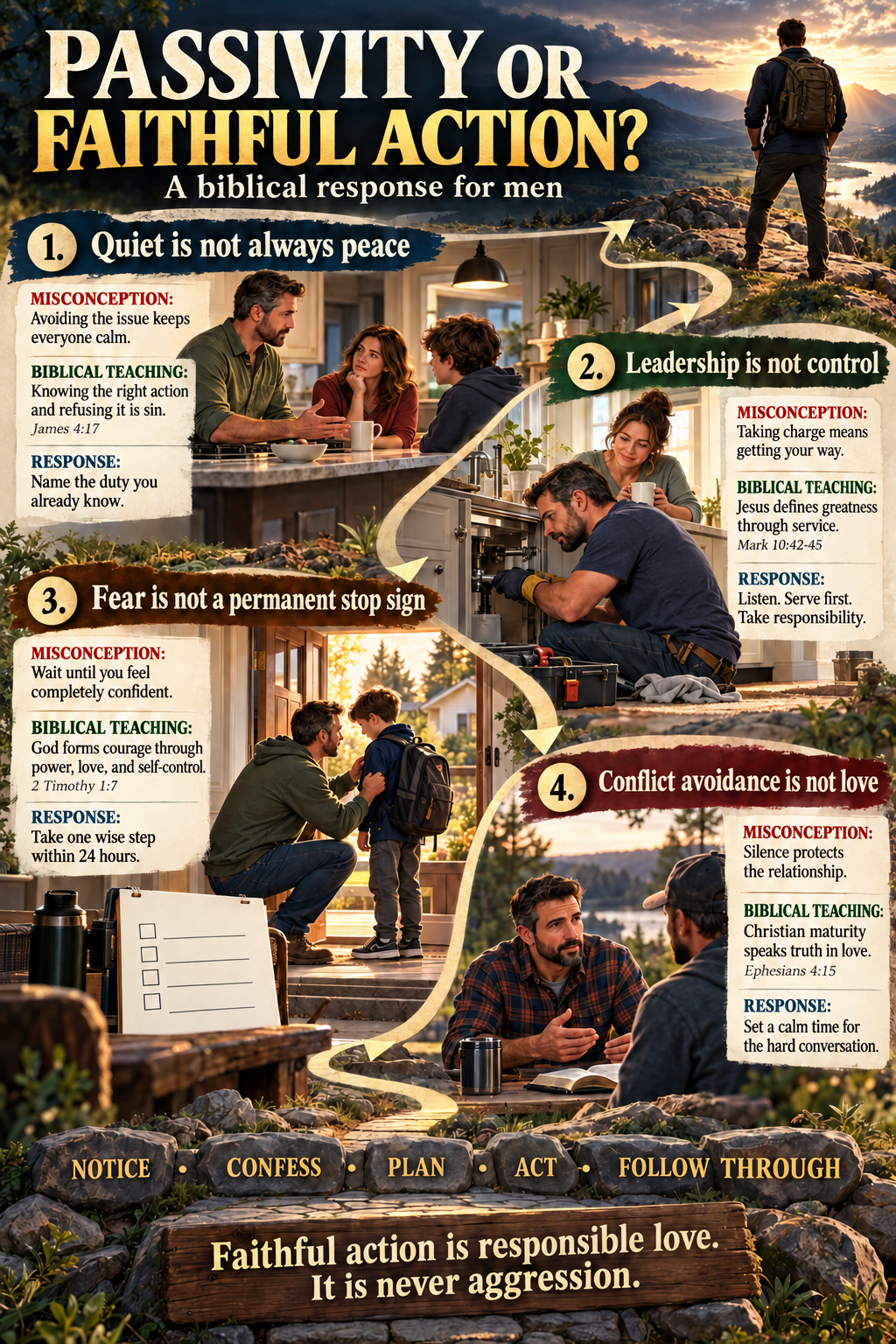 Illustrated biblical guide contrasting four passivity misconceptions with Scripture teaching and practical responses about peace, leadership, fear, and conflict.