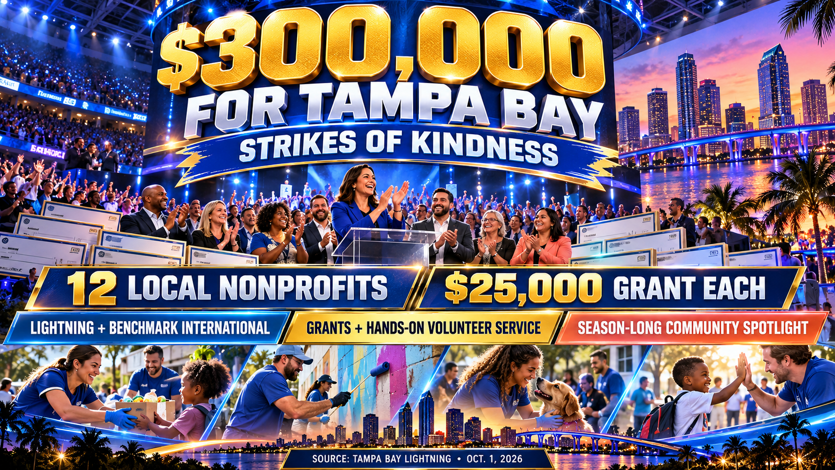 Tampa Bay nonprofits, Strikes of Kindness, Tampa Bay Lightning community grants, Benchmark International, $300,000 grants, Tampa philanthropy, volunteer service