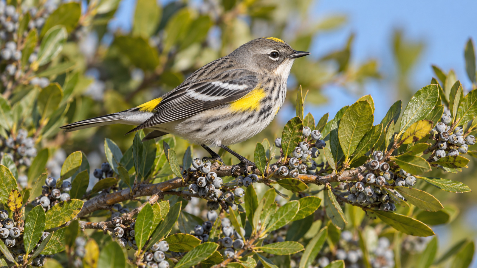 Myrtle-form Yellow-Rumped Warbler perched in a Florida wax-myrtle showing yellow rump and side patches
