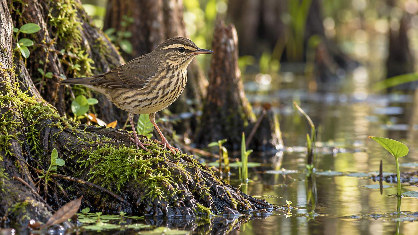 Northern Waterthrush on a mossy root beside still water in a Florida wooded swamp