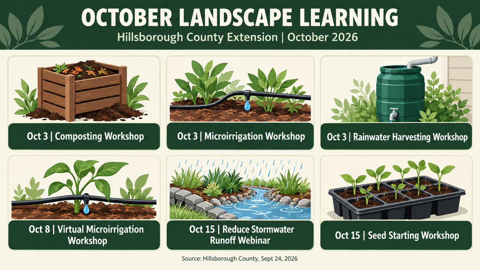 Hillsborough County Extension October 2026, Tampa composting workshop, Tampa microirrigation class, rainwater harvesting Hillsborough, Florida-Friendly Landscaping stormwater runoff, seed starting Tampa