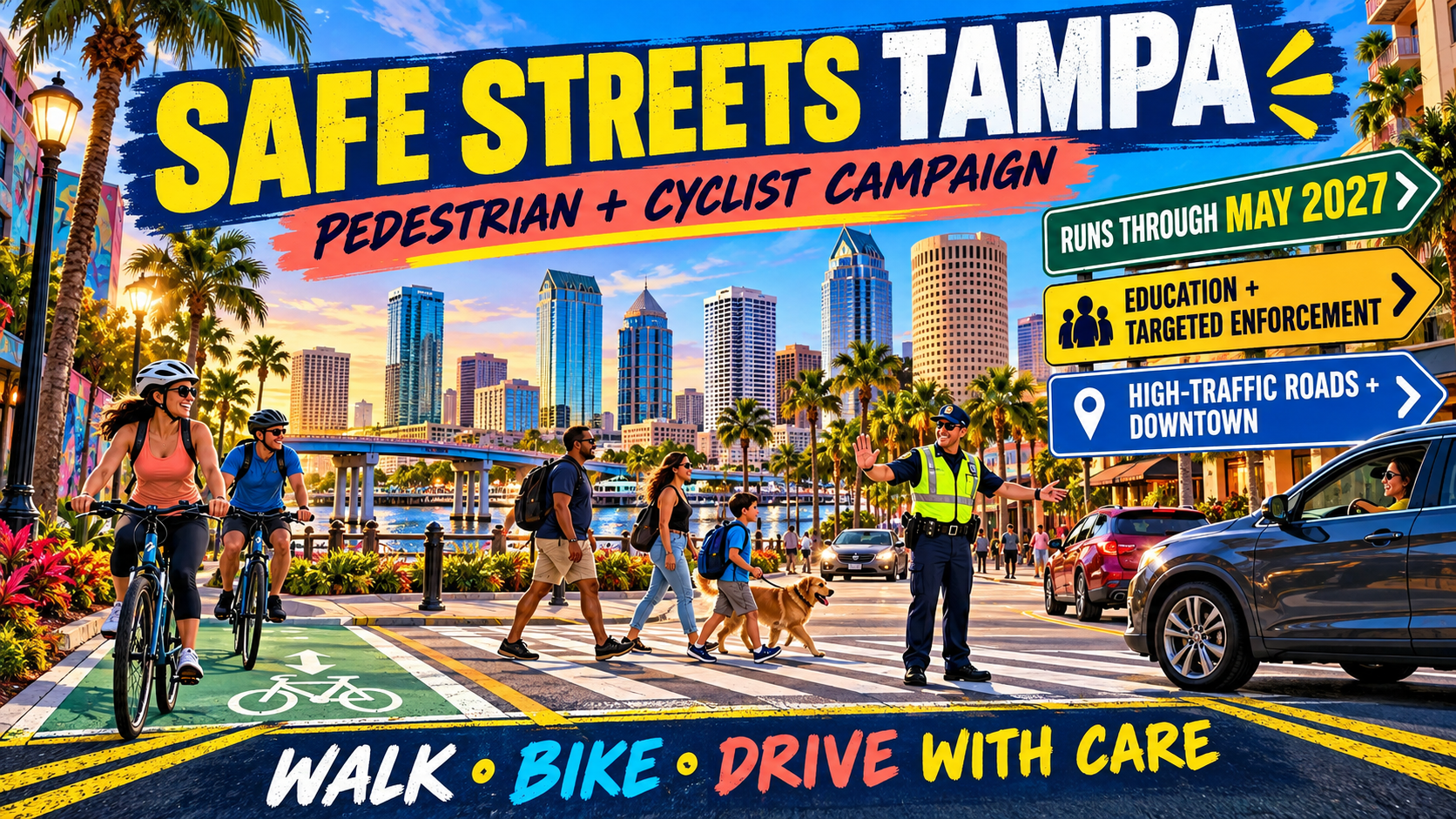Tampa pedestrian safety, Tampa bicycle safety, safe streets Tampa, traffic safety campaign, Alert Today Alive Tomorrow, Tampa Police, Tampa roads