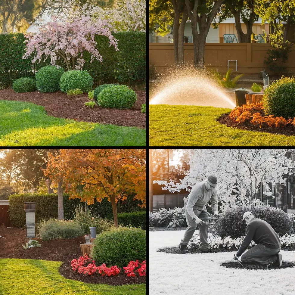 Four images of landscaped gardens: blooming pink tree, sprinkler watering, autumn foliage with flowers, and two people gardening in black and white.