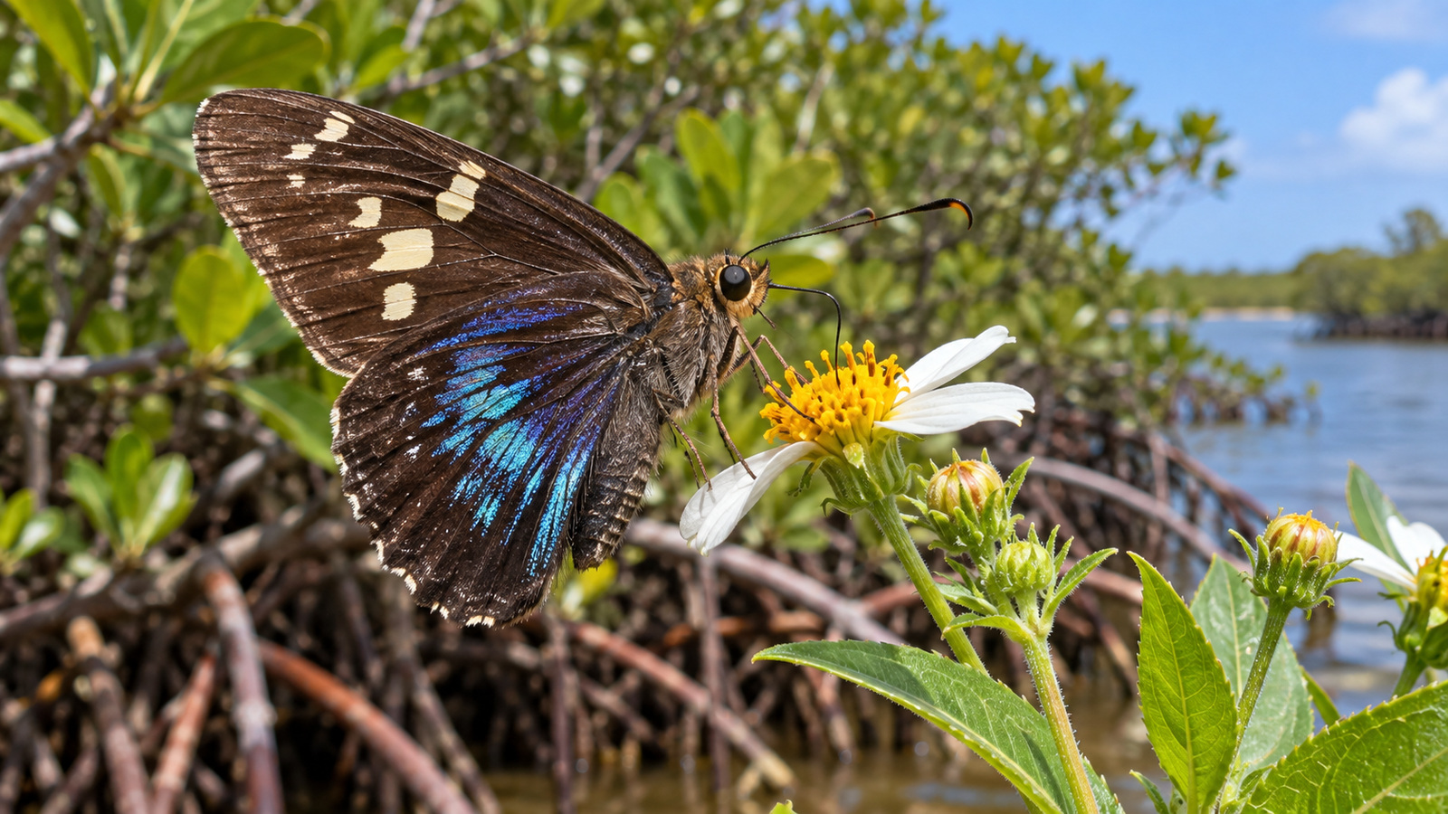 Mangrove Skipper nectaring on a white flower beside a South Florida mangrove shoreline