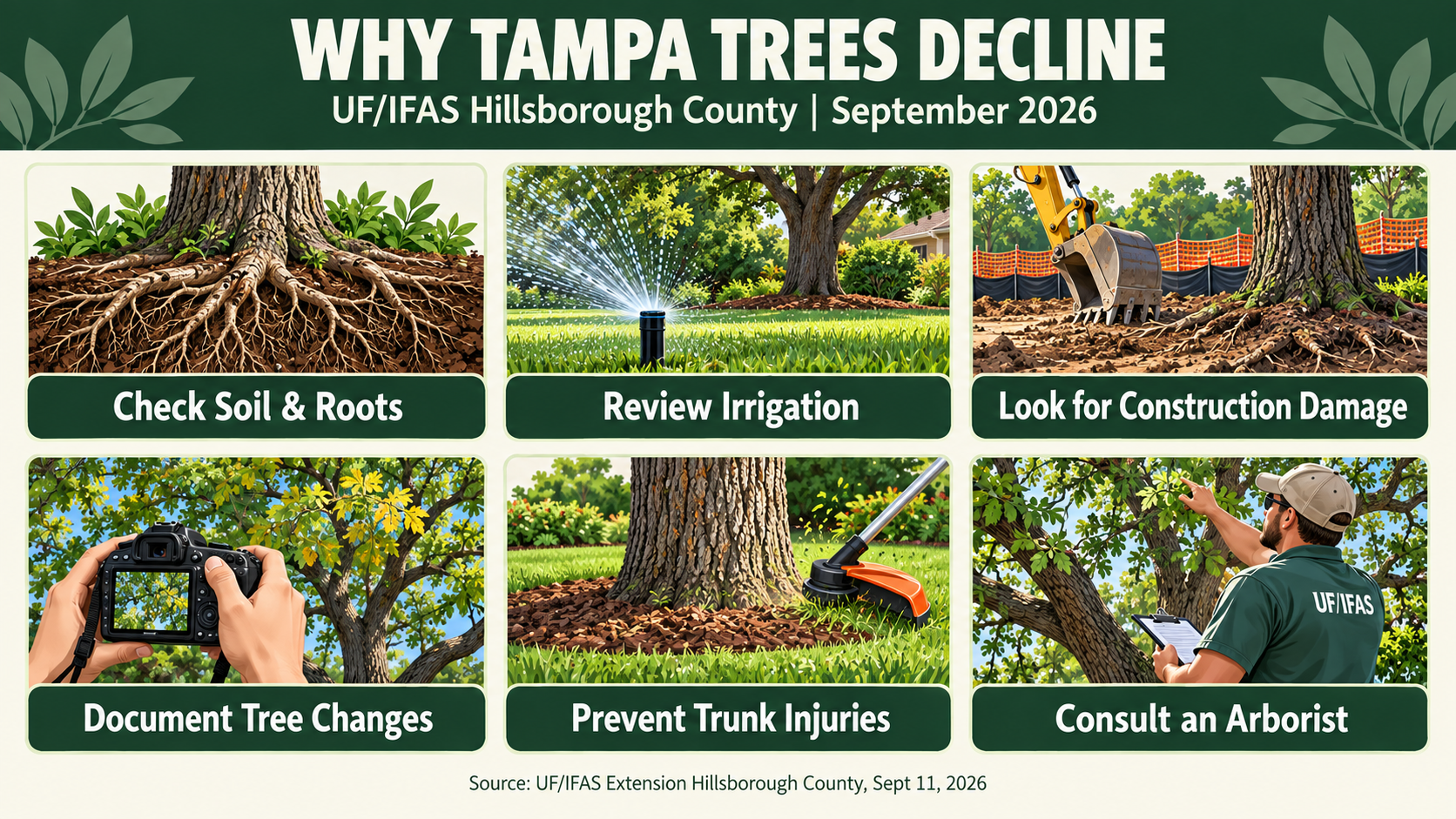 South Tampa tree decline, Hillsborough tree diagnosis, Tampa oak tree health, tree root stress Florida, UF IFAS tree care