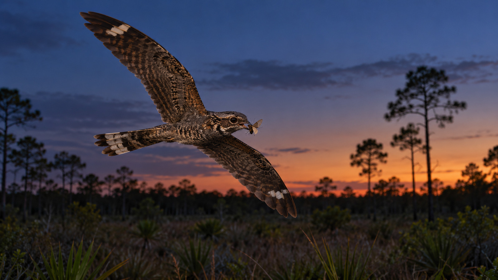 Chuck-Will's-Widow flying over a Florida pine clearing at dusk with a moth in its bill