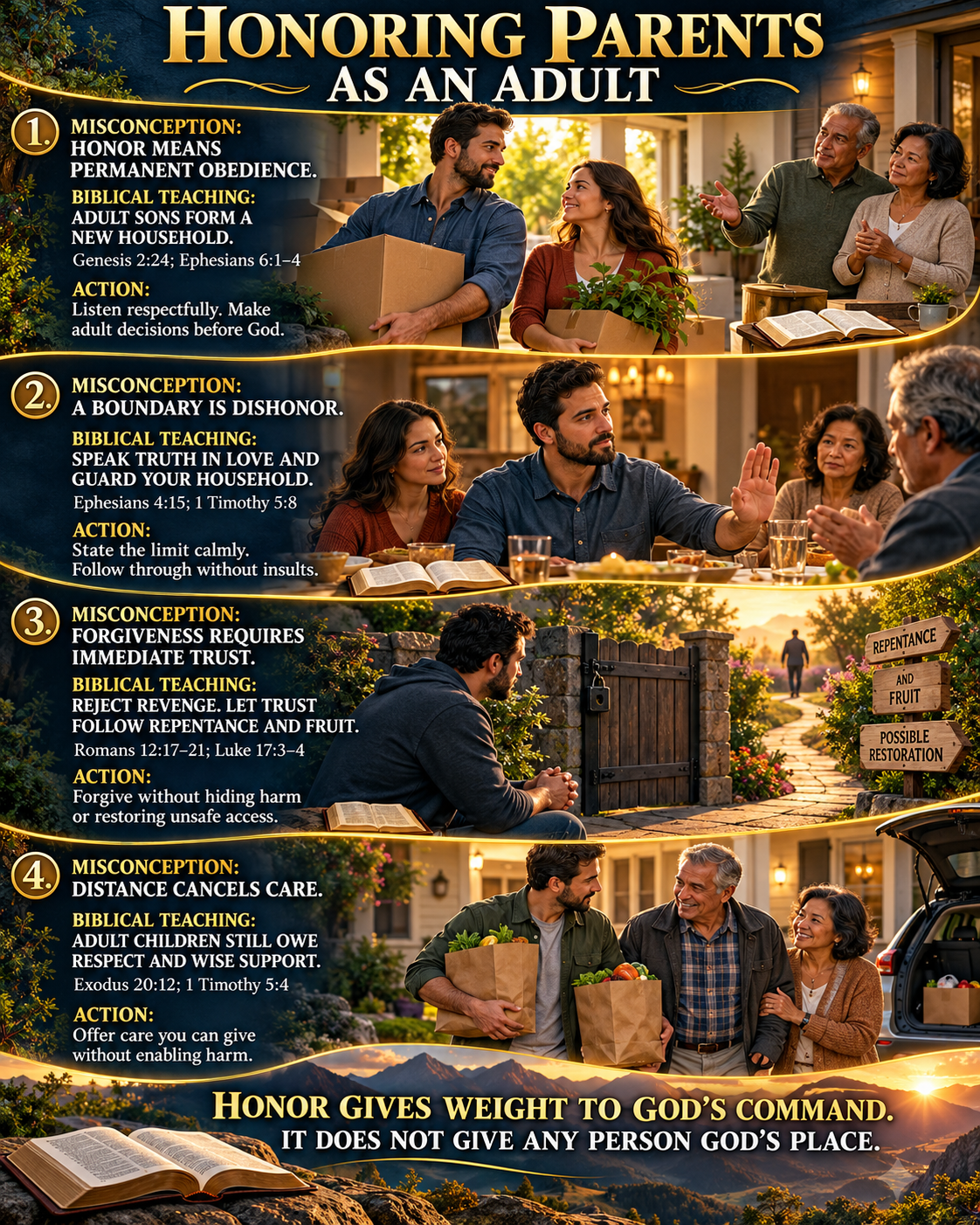 Illustrated guide contrasting four misconceptions about honoring parents with biblical teaching, Scripture references, and respectful actions for adult Christian men.