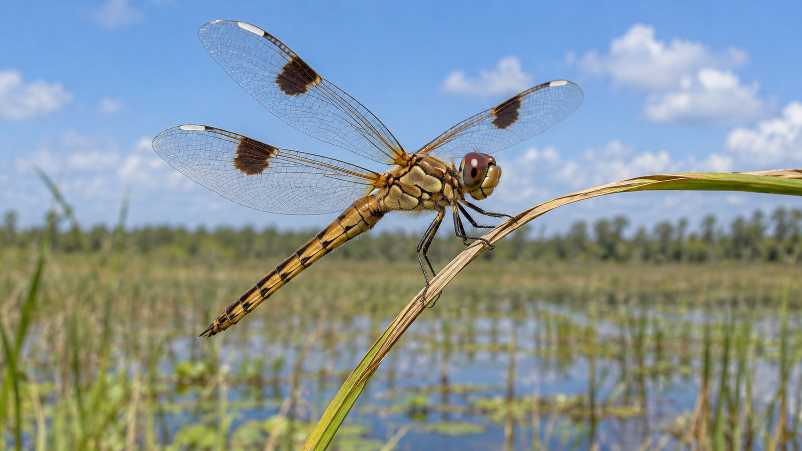 Female Four-Spotted Pennant dragonfly on marsh grass with all four spotted wings visible