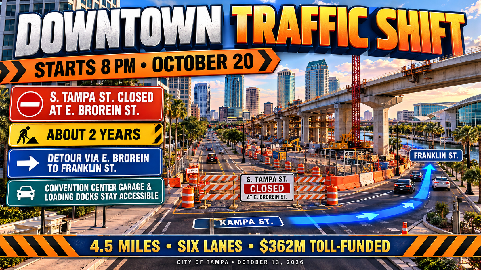 downtown Tampa traffic shift, South Tampa Street closure, East Brorein Street detour, South Selmon Capacity Project, Tampa Convention Center access, Lee Roy Selmon Expressway