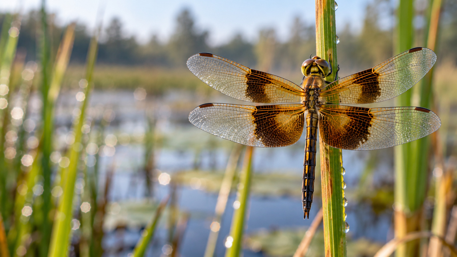 Female Amanda's Pennant dragonfly showing yellow-brown body markings and amber-banded wings on a dew-covered marsh reed