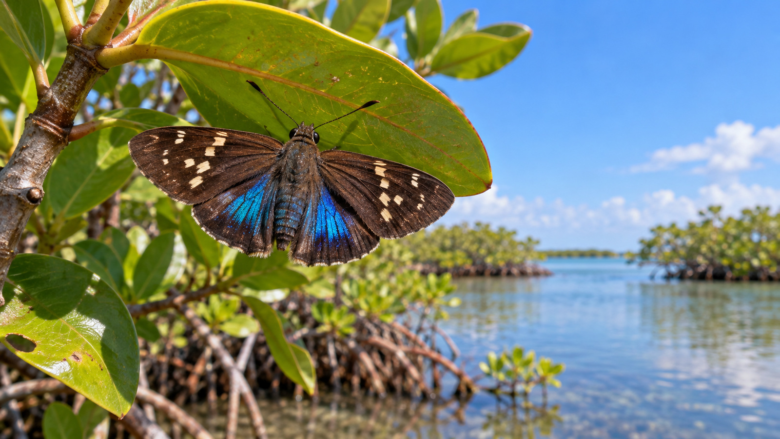 Mangrove Skipper displaying iridescent blue hindwing streaks beneath a red mangrove leaf