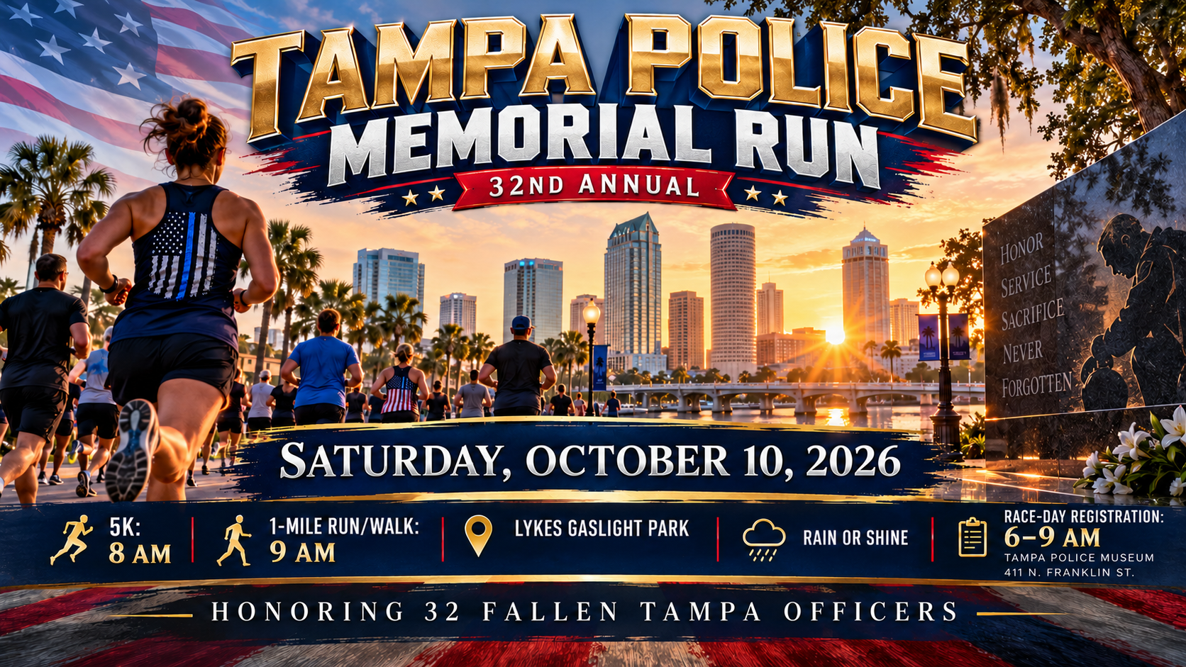 Tampa Police Memorial Run, Tampa 5K, October 10 2026, Lykes Gaslight Park, one-mile walk, downtown Tampa events