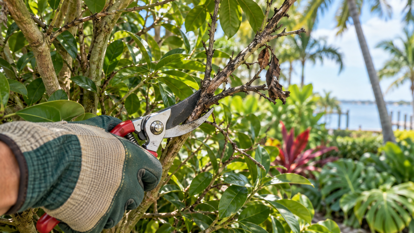 Professional selectively pruning a flowering shrub in Tampa