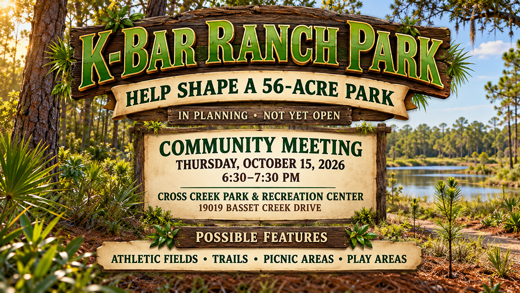 K-Bar Ranch Park, New Tampa park planning, October 15 community meeting, Cross Creek Recreation Center, Tampa parks