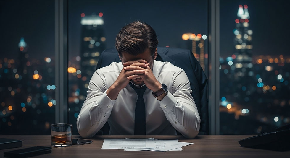 Man in a suit sits at a desk with papers, head in hands, looking stressed. Night cityscape through window, drink and phone nearby.