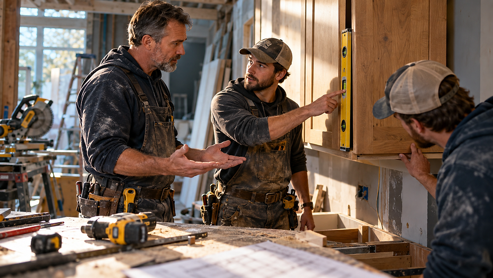 Illustrative workshop scene of a team leader listening as coworkers point out a cabinet alignment problem.