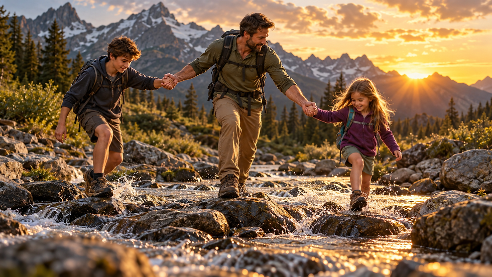 Father guiding his son and daughter across a rocky mountain stream at sunrise