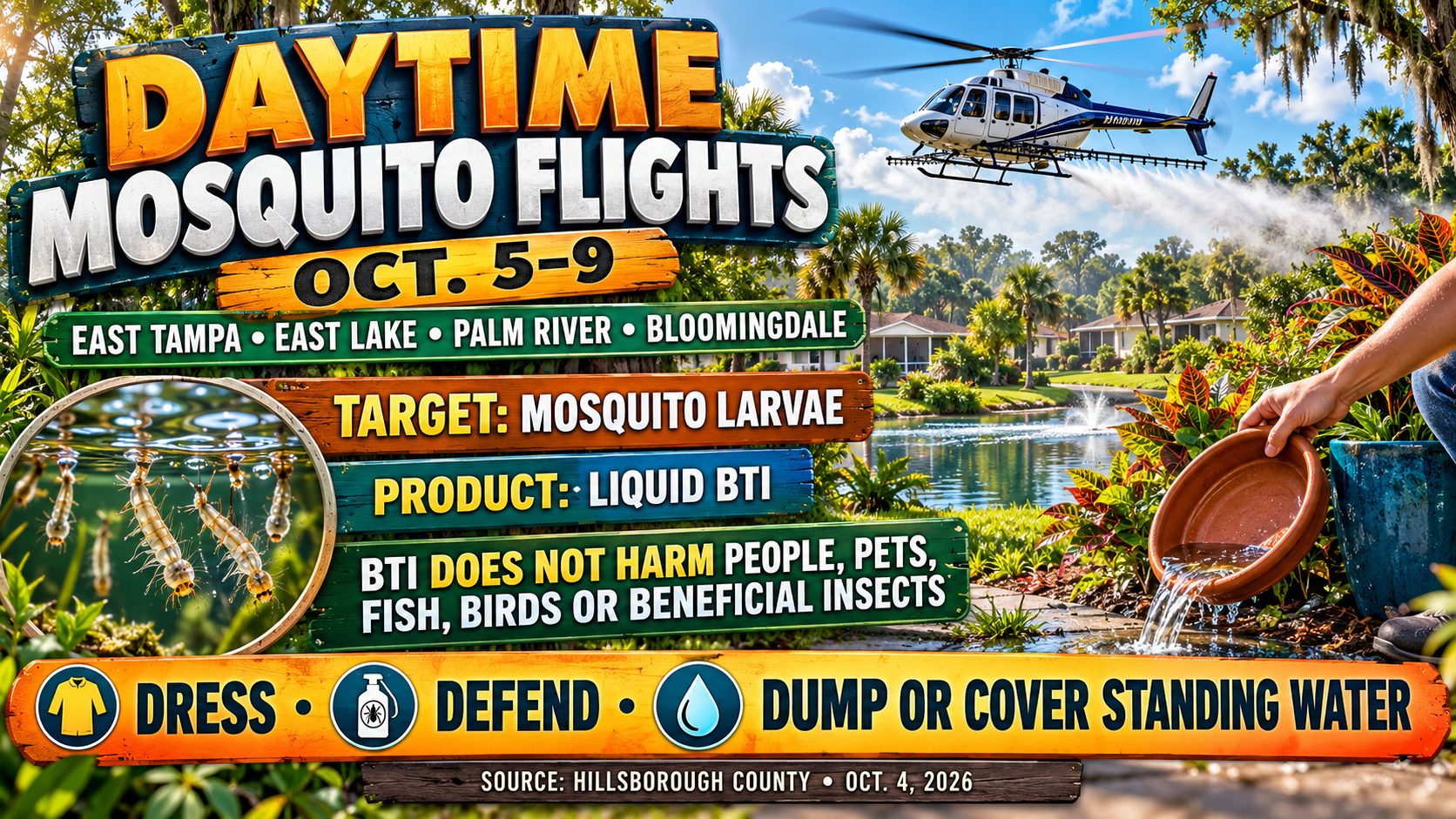 Hillsborough County mosquito control, East Tampa mosquito treatment, Bloomingdale mosquito flights, liquid Bti, mosquito larvae, dengue prevention, standing water, Tampa lawn care