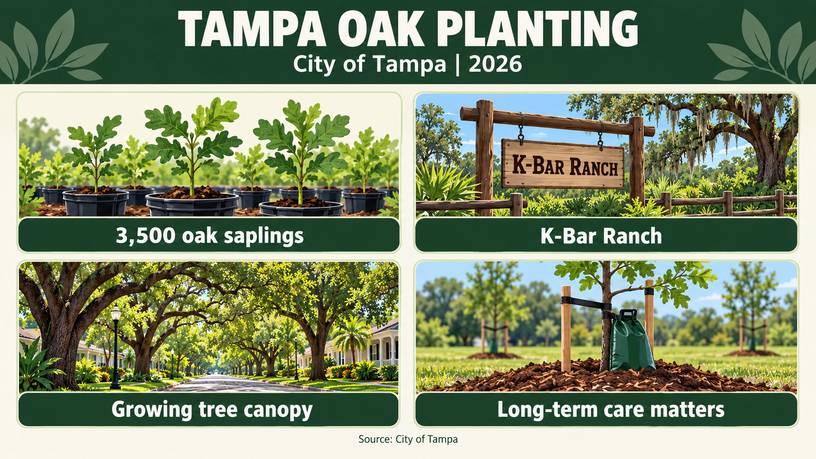 Tampa K-Bar Ranch trees, New Tampa oak planting, live oak sand live oak Florida, Tampa 30000 trees goal, Tampa urban forestry