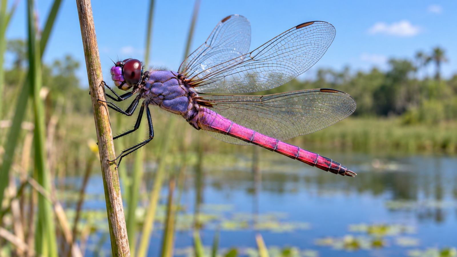 Male Roseate Skimmer dragonfly perched on a reed beside a sunny Florida pond